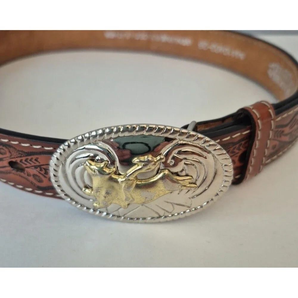 Nocona Brown Tooled Floral Genuine Bonded Leather Bull Rider Belt Boys 31 IN
